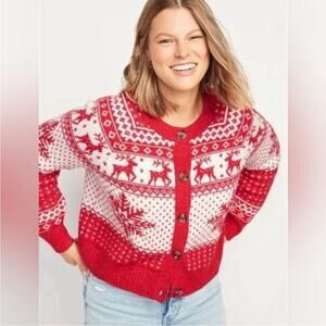 Old Navy Fair Isle Reindeer Snowflake Knit Christmas Cardigan Sweater Size M